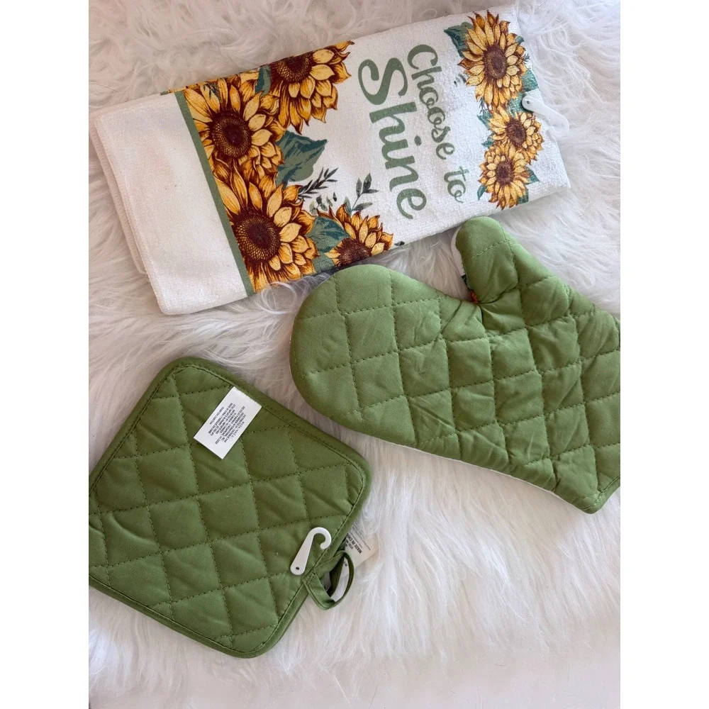 Home Collection 3pc Kitchen Set Sunflower Bee Oven Mitt Pot Holder Towel Green
